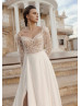 Long Sleeves Beaded Ivory Lace Satin Slit Simple Wedding Dress